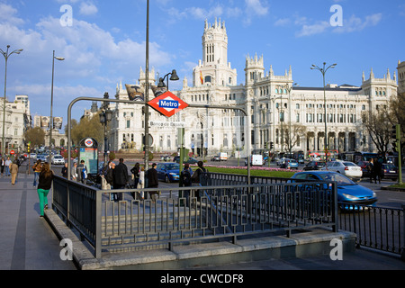 Banco de Espana Metro station at Plaza de Cibeles in Madrid, Spain, Palacio de Comunicaciones in the background. Stock Photo