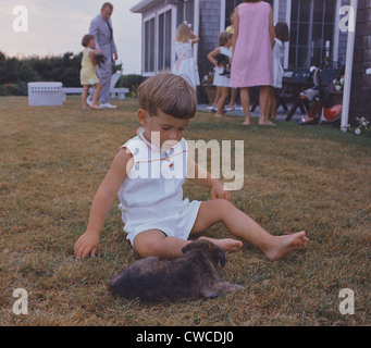 President Kennedy's two year old son, John Jr. playing with a puppy. Hyannisport, Squaw Island, Aug. 3, 1963. Stock Photo