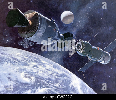 Painting of Apollo-Soyuz Test Project, the first international docking of the US's Apollo capsule and the USSR's Soyuz Stock Photo