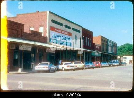 Downtown Plains Georgia Jimmy Carter home of our president 1979 sign city scape American president Election year Stock Photo