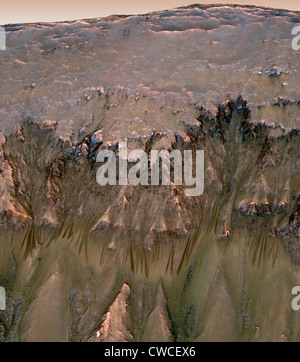 Mars landscape showing shows flows that appear in spring and summer on a slope inside Mars' Newton Crater. These might be Stock Photo