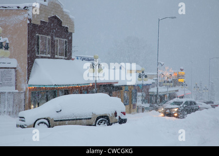 Downtown during a winter storm, Seward, Alaska. Stock Photo