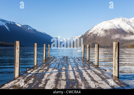 The famous view of the jetty at Lake Rotoiti, Nelson Lakes National Park, New Zealand, on a fresh, clear early spring morning. Stock Photo