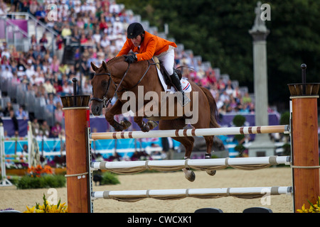 Silver medalist Gerco Schroder (NED) riding LONDON in the Individual Jumping Equestrian event at the Olympic Summer Games Stock Photo