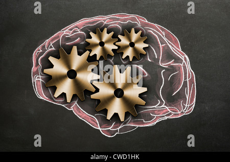 Chalk illustration of the human brain with cogs and gears representing the inner workings. Concept image Stock Photo