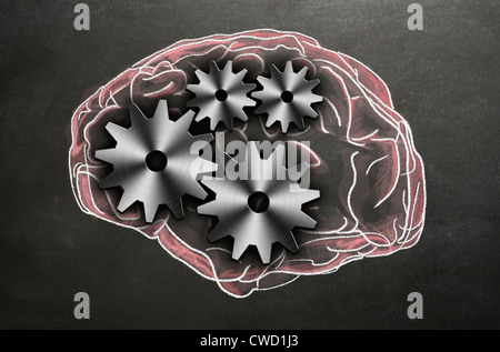 Chalk illustration of the human brain with cogs and gears representing the inner workings. Concept image Stock Photo