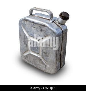 Old metallic gasoline jerry can isolated on white Stock Photo