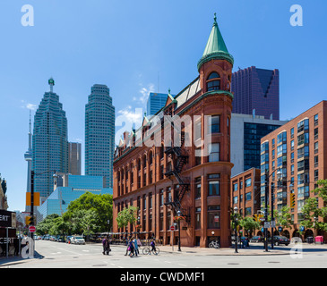 View down Front Street towards financial district with Gooderham Building (Flatiron Building) to right, Toronto, Ontario, Canada
