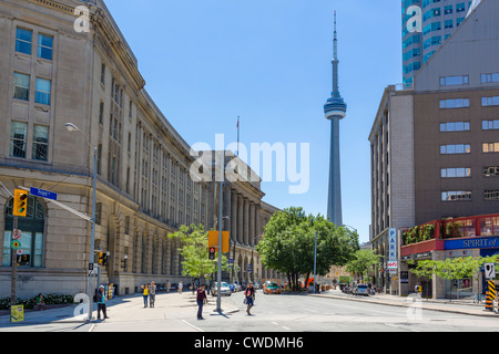 Toronto, Canada. View down Front Street towards the CN Tower with the Dominion Public Building to the left, Toronto, Ontario, Canada Stock Photo
