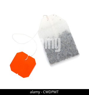 Teabag with red label. Isolated on white background Stock Photo