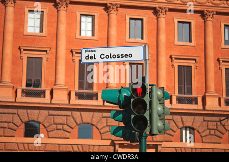 Street Sign and traffic lights at the Piazza del Colosseo, Rome, Italy, Europe Stock Photo