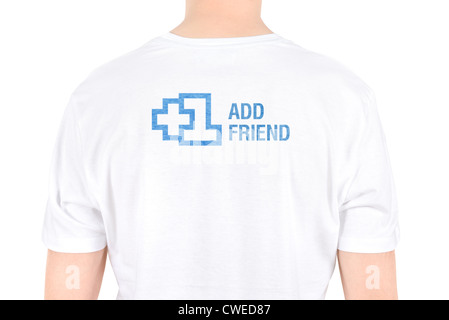 Man with the text '+1 Add friend' is written on a T-shirt concept. Isolated on white. Stock Photo