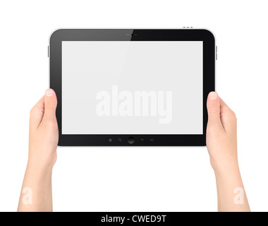 Woman holding digital tablet with blank screen. Isolated on white. Stock Photo