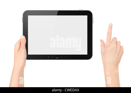 Hand holding tablet pc with touching hand. Add clipping path for touching hand. Isolated on white. Stock Photo