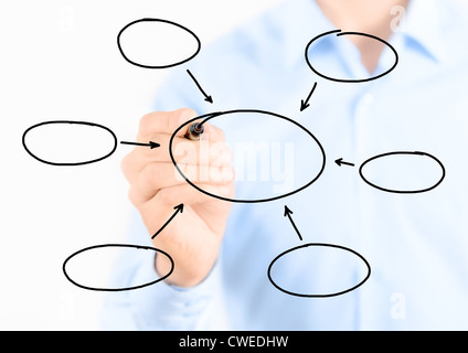 Young businessman drawing empty diagram. Isolated on white. Stock Photo