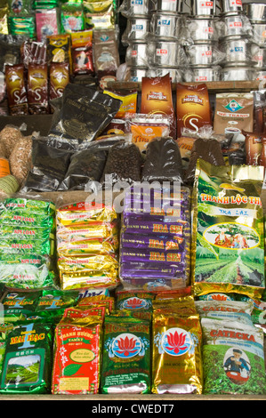 Vertical close up of rows of various different types of tea and coffee on sale in a shop in Vietnam Stock Photo