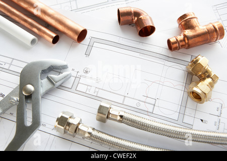 Plumbing tools and materials Stock Photo