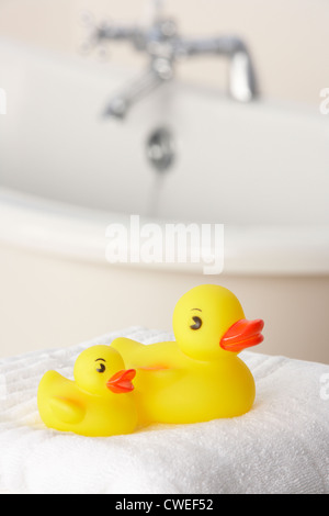 Rubber ducks in bathroom Stock Photo