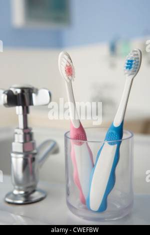 Toothbrushes in bathroom Stock Photo