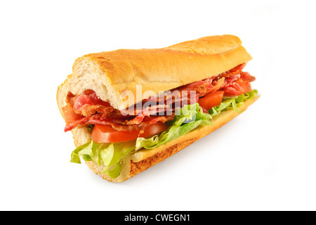 A BLT Sub roll made with Bacon, lettuce, tomato and mayo in a french bread roll Stock Photo