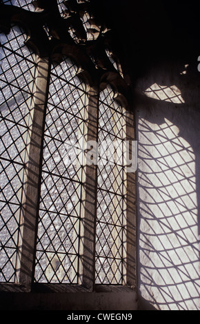 Detail of large clear diamond-leaded 15th century Gothic Perpendicular church window with shadows Stock Photo