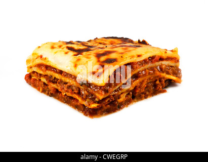 An isolated traditional lasagna made with minced beef bolognese sauce and three layers of pasta, lasagne in English Stock Photo