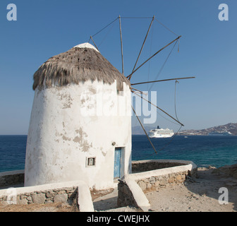 Cruise Ship and windmill Mykonos Stock Photo