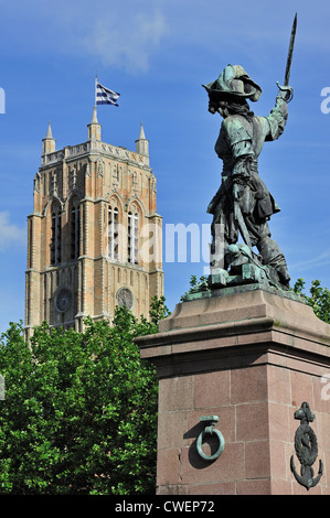 Statue of Jean Bart, naval commander and privateer and the belfry at Dunkirk / Dunkerque, Nord-Pas-de-Calais, France Stock Photo