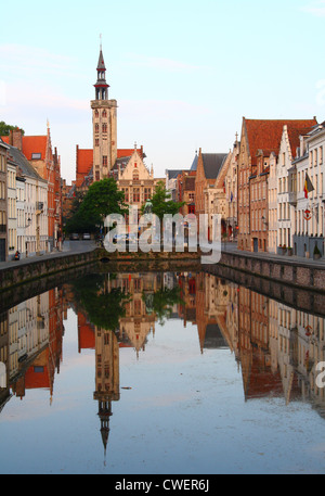 old town of Bruges in Belgium at sunset time (Jan van Eyckplein, Bruges, Belgium) Stock Photo