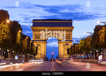 Arc de Triomphe at dusk, Champs Elysees, Paris,France,Europe Stock Photo