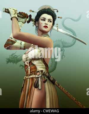 a young asian woman with samurai sword Stock Photo