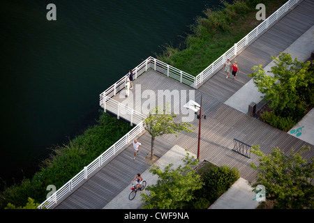 An aerial view of the laid-out esplanade for pedestrians, on the right bank of the Allier Lake (Vichy - Auvergne - France). Stock Photo