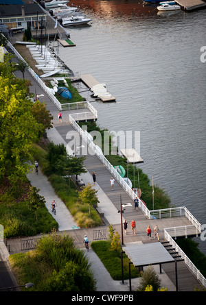 An aerial view of the laid-out esplanade for pedestrians, on the right bank of the Allier Lake (Vichy - Auvergne - France). Stock Photo