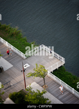 An aerial view of the laid-out esplanade for pedestrians, on the right bank of the Allier Lake (Vichy - Auvergne - France). Stock Photo