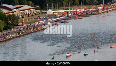 Triathlon race (Ironman), known as 'Challenge Vichy '. Swimming start seen from above.  Vichy - Allier river - Auvergne - France Stock Photo