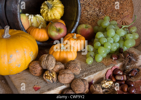 Table and wooden board filled with autumn products Stock Photo