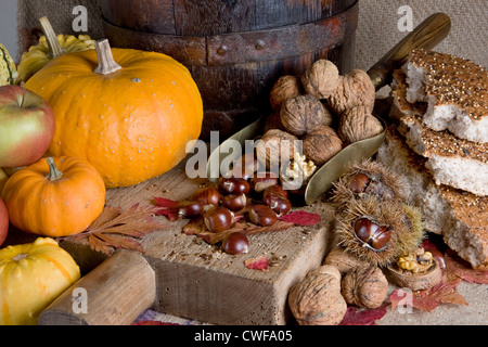 Thanksgiving scene with pumpkins, gourds and nuts on a wooden board Stock Photo