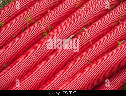 Red plastic tubing for underground cable protection with grass Stock Photo