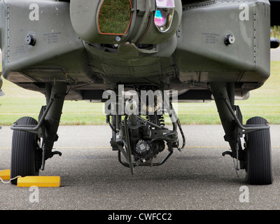 Machine gun on Dutch Royal Airforce Apache AH-64 helicopter at Seppe airfield, Noord Brabant, the Netherlands Stock Photo