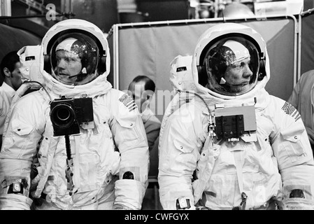 NASA Astronaut Neil Armstrong and Buzz Aldrin prepare for EVA training April 23, 1969 at the Manned Spacecraft Center in Houston, TX. Stock Photo