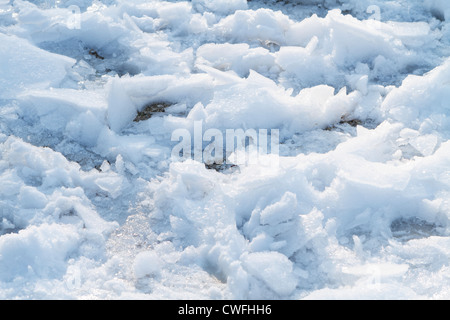 Snow and ice in a back yard that has been heavily walked and played in for a few days after a winter storm. Stock Photo
