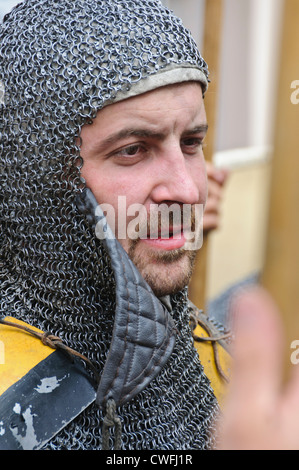 Man in arms medieval costume pikeman knight at an medieval market, historical spa Staufer town Bad Wimpfen South Germany Stock Photo