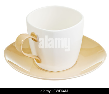 large porcelain tea cup with saucer isolated on white Stock Photo