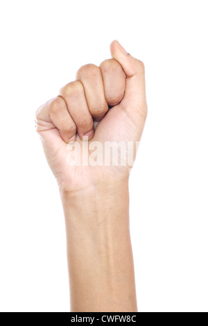 clenched fist hand closeup against white background Stock Photo