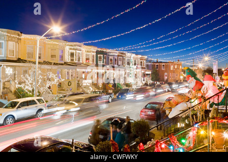 Hampden neighborhood 36th Street decorated for Christmas, Baltimore, Maryland Stock Photo