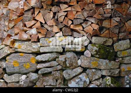 woodpile on stone wall Stock Photo