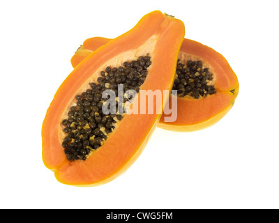 Fresh Ripe Juicy Tropical Papaya Fruit Cut In Half With Black Seeds, Isolated Against A White Background, With Clipping Path And No People Stock Photo