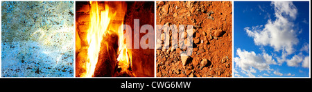 The four elements: water, fire, earth and air in one collage. Stock Photo