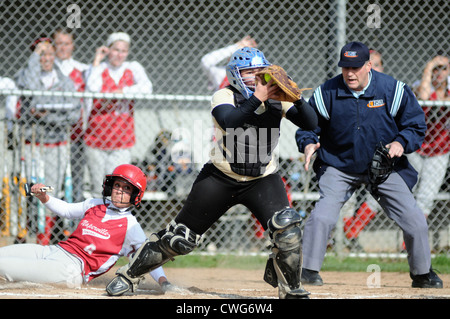 Softball Catcher records a force out at the plate on a sliding runner following an infield tapper to the pitcher. USA. Stock Photo