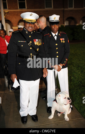 US Marines standing with Cpl. Chesty XIII, the official Marine Barracks Washington mascot after attending the parade reception May 28, 2010 in Washington, D.C. Stock Photo